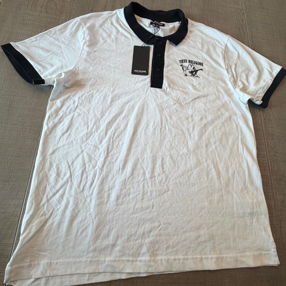 True Religion Mens Buddha Logo SS Polo Shirt White Black 106454 Size XXL NWT